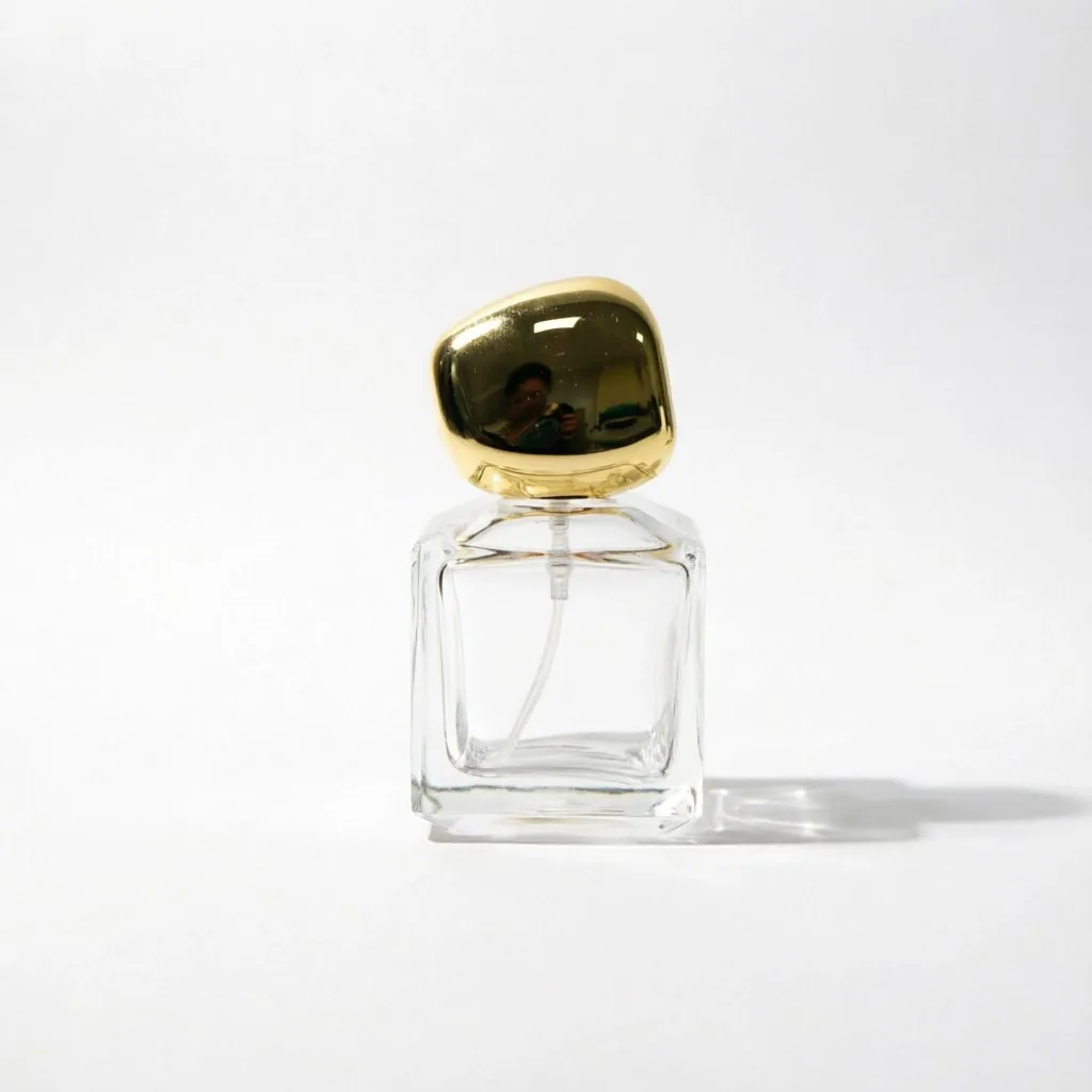 Square Glass Perfume Bottle with Black Gold Pebble Cap 50ml
