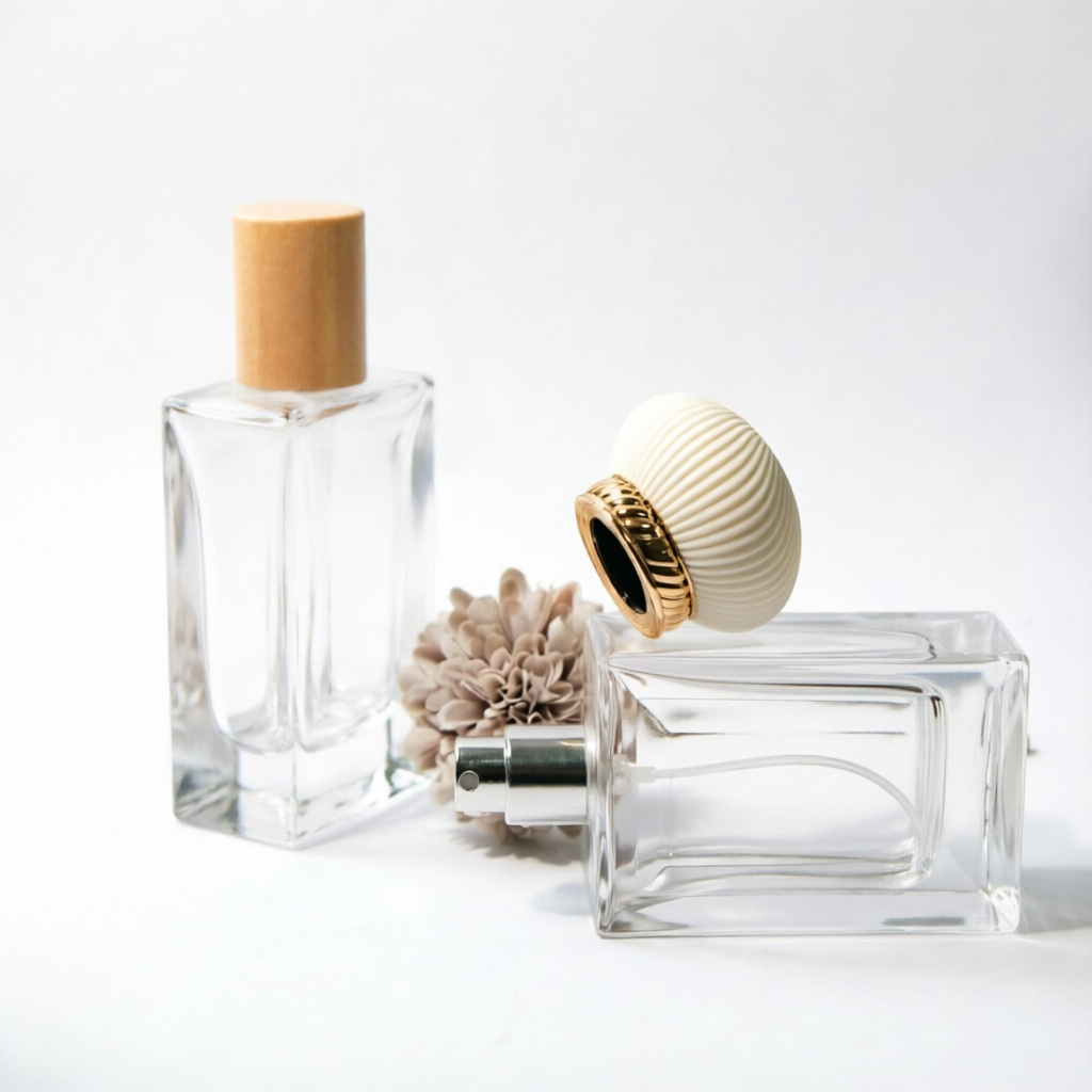 Square Glass Perfume Bottle with Wooden Cap or Shell Cap 50ml