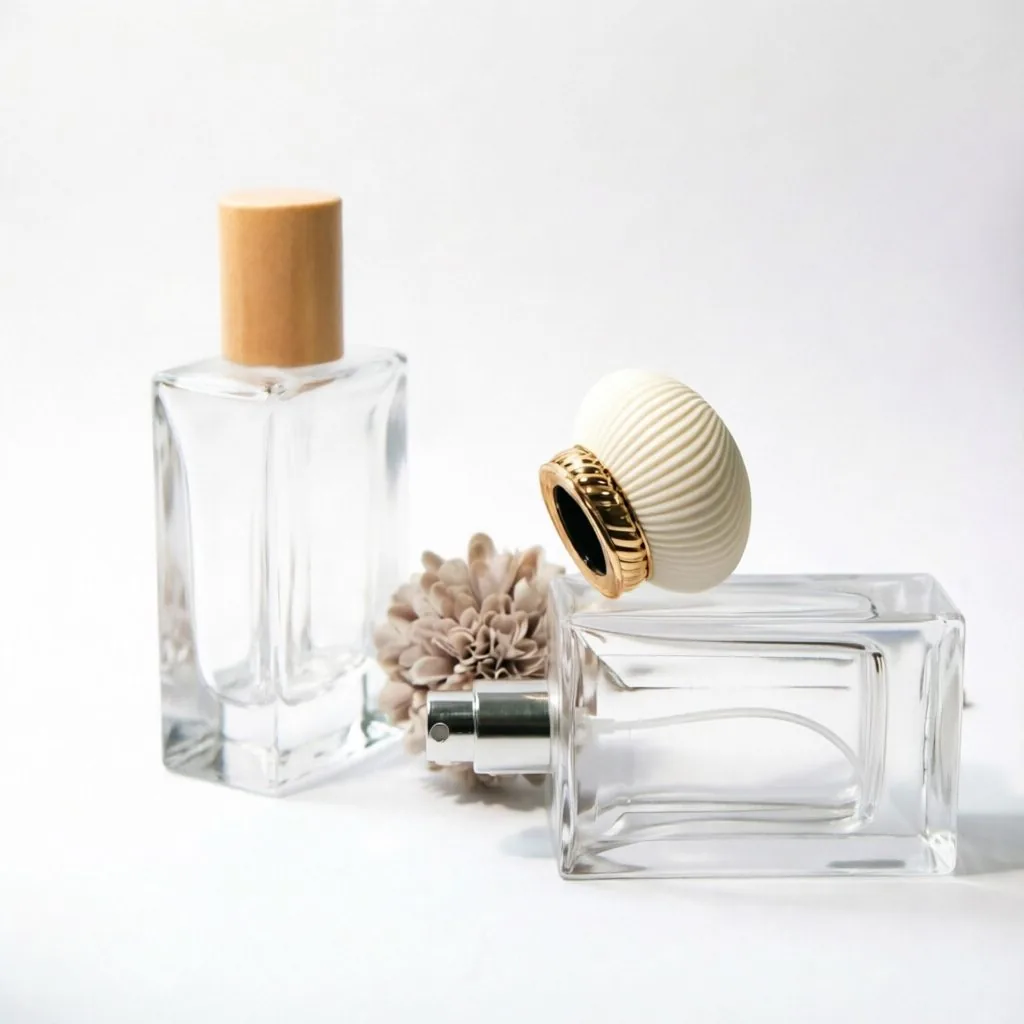 Square Glass Perfume Bottle with Wooden Cap or Shell Cap 50ml