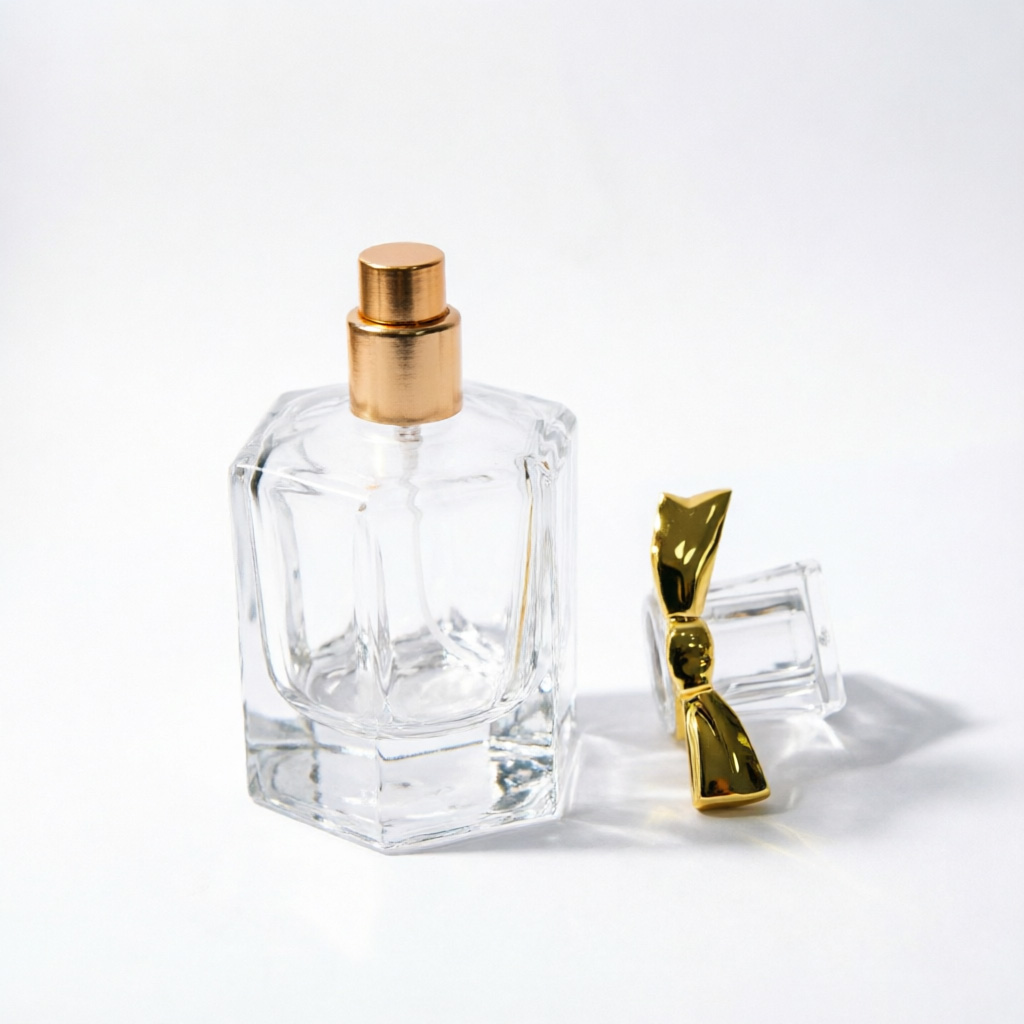 Thick Bottom Square Glass Perfume Bottle with Gold Bow Cap 50ml