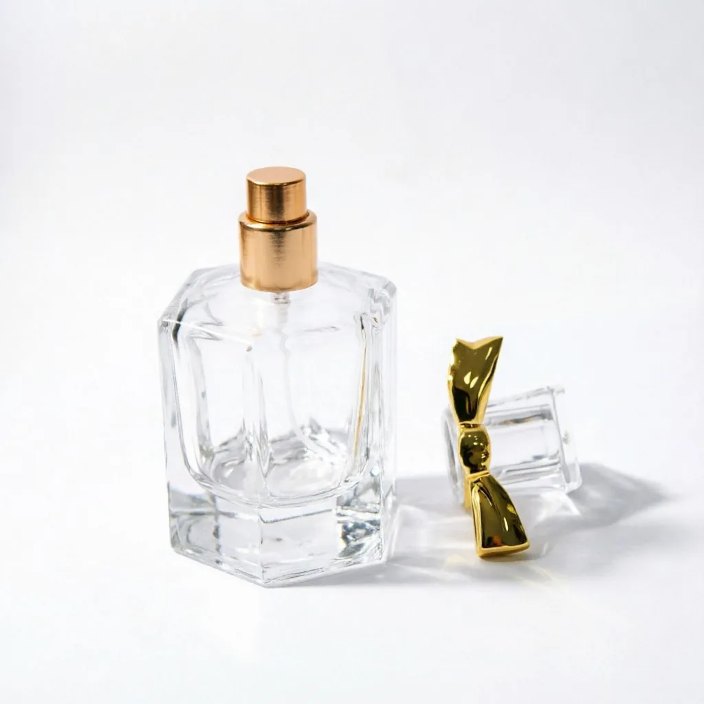 Thick Bottom Square Glass Perfume Bottle with Gold Bow Cap 50ml