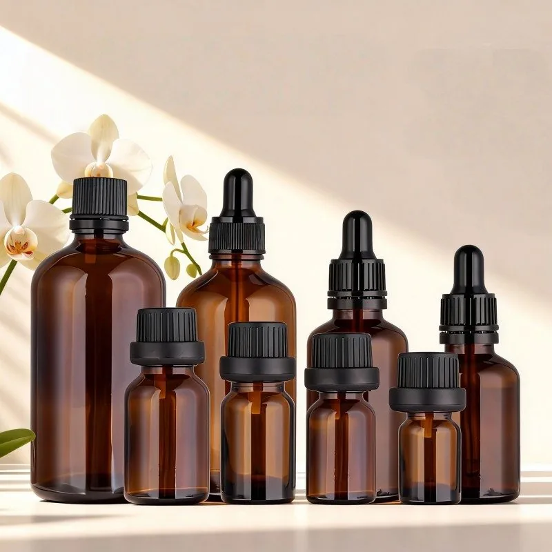 5ml, 10ml, 15ml, 20ml, 30ml, 50ml, 100ml, 150ml Amber Yuvarlak Cam Damlalık Şişeler, Uçucu yağ dağıtım şişesi