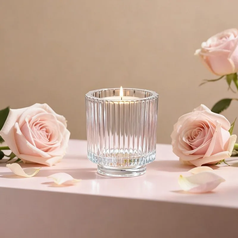 Vertical striped thick-bottomed glass candle cup