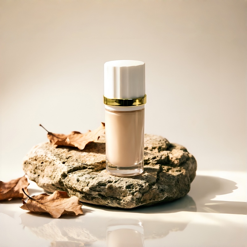 30ml Clear Cylindrical Glass Foundation Bottle with White Ribbed Cap