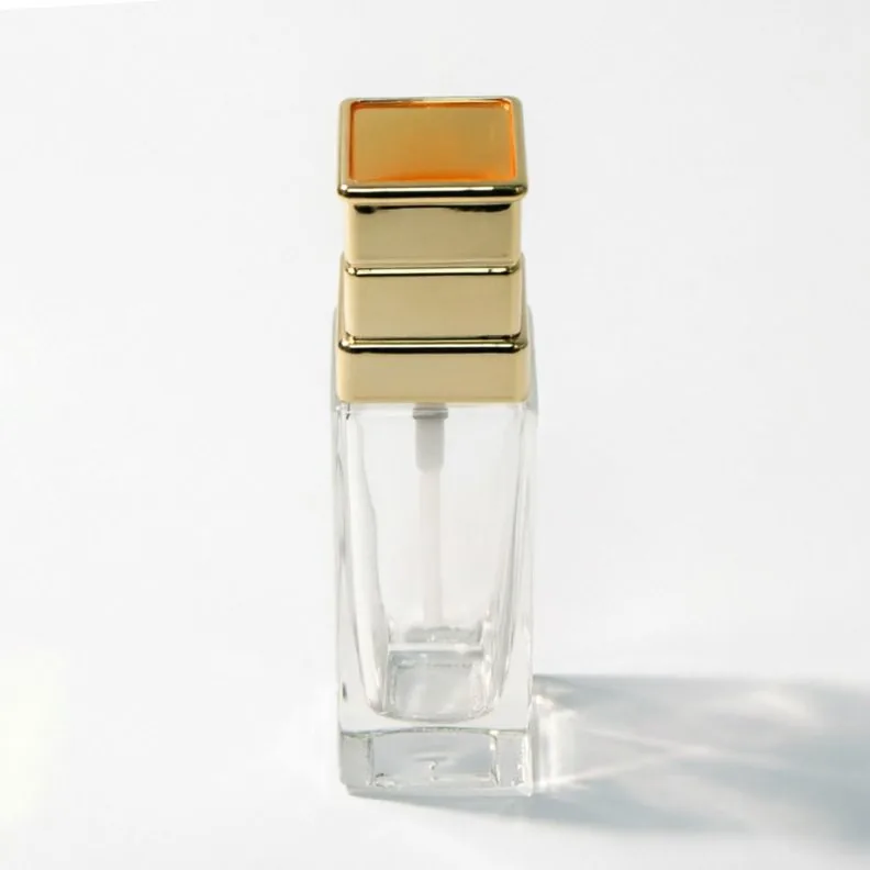 30ml Clear Square Glass Foundation Bottle with Gold Layered Pump Cap