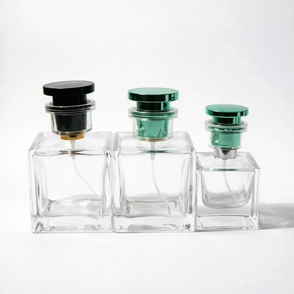 Inset Square Glass Perfume Bottle with Green Metal Cap 100ml