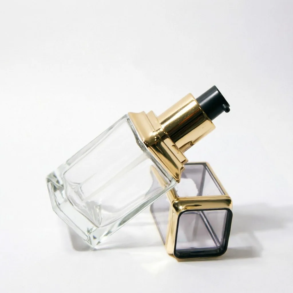 Tall Rectangular Glass Lotion Bottle with Gold Frame Cap