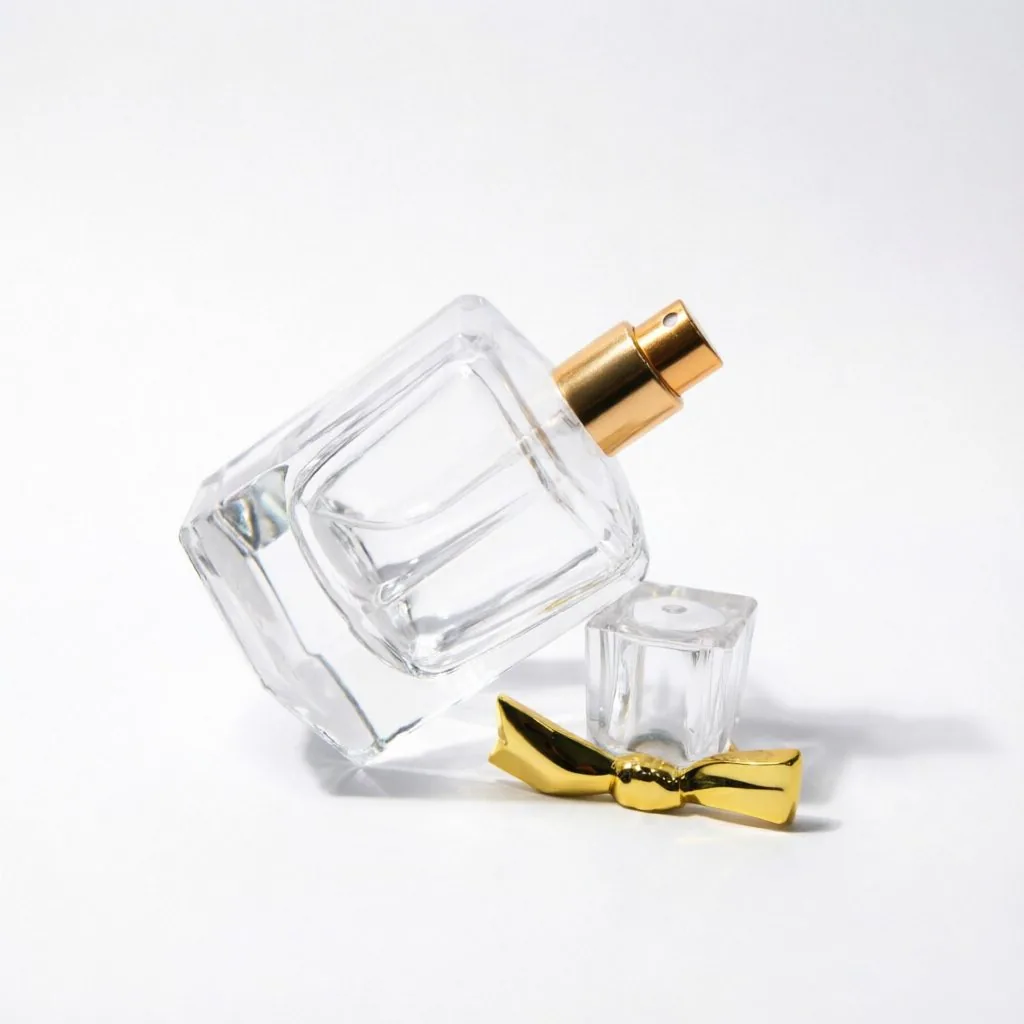 Thick Bottom Square Glass Perfume Bottle with Gold Bow Cap 50ml