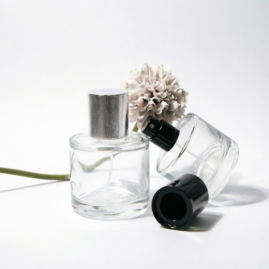 Round Glass Parfümflasche mit Silver or Black Metallkappe 50ml