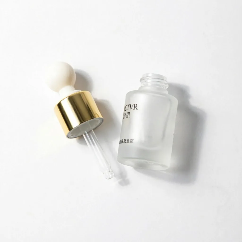Frosted square glass dropper bottle with gold cap for serum packaging