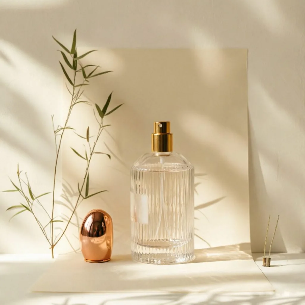 Ribbed Round Glass 향수 병 포함 Gold Spray Pump 100ml