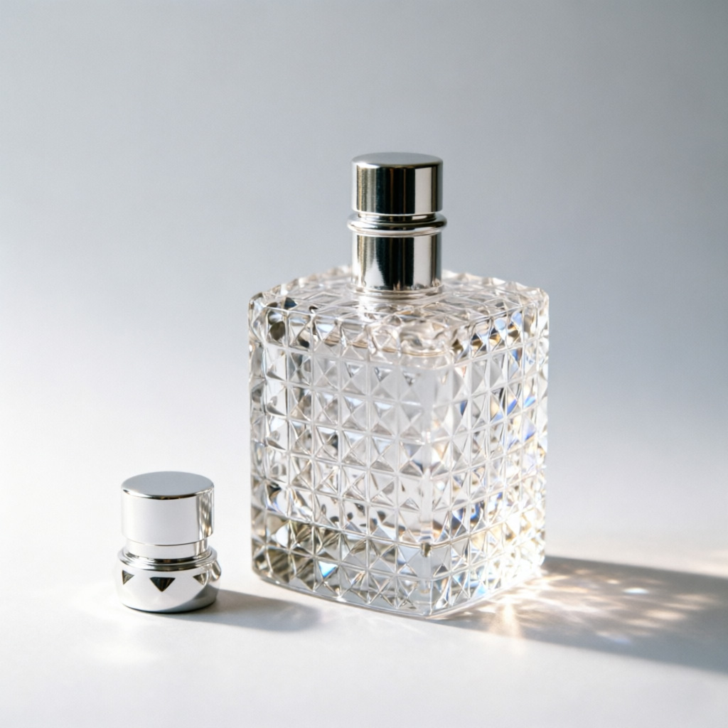 Diamond Cut Square Glass Perfume Bottle with Silver Cap 50ml 100ml