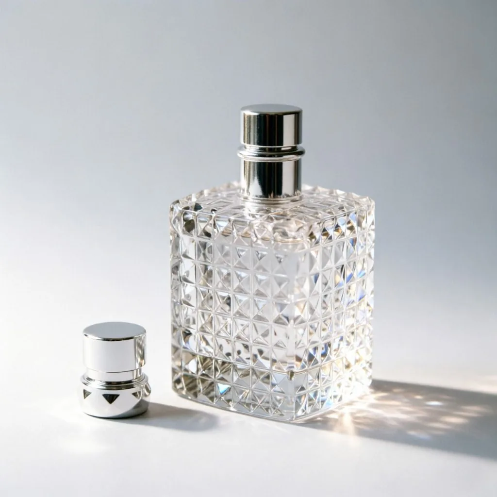 Diamond Cut Square Glass Perfume Bottle with Silver Cap 50ml 100ml