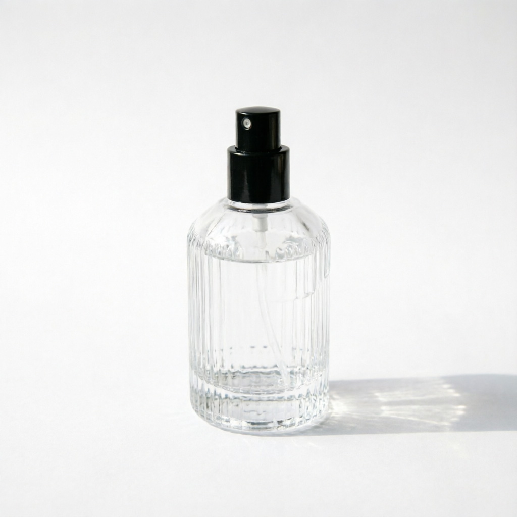 Ribbed Round Glass Perfume Bottle with Black Spray Pump 50ml