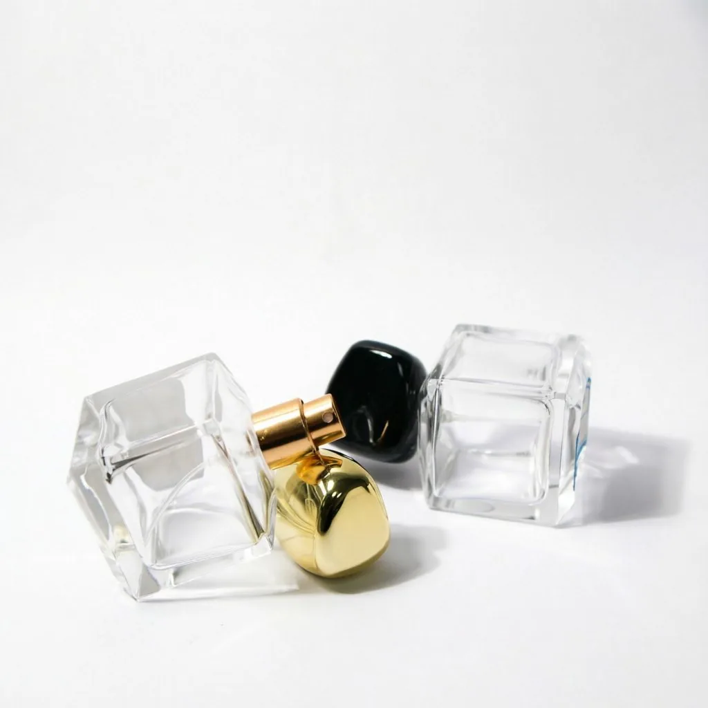 Square Glass Perfume Bottle with Black Gold Pebble Cap 50ml