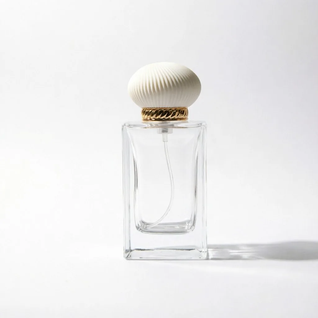 Square Glass Perfume Bottle with Wooden Cap or Shell Cap 50ml