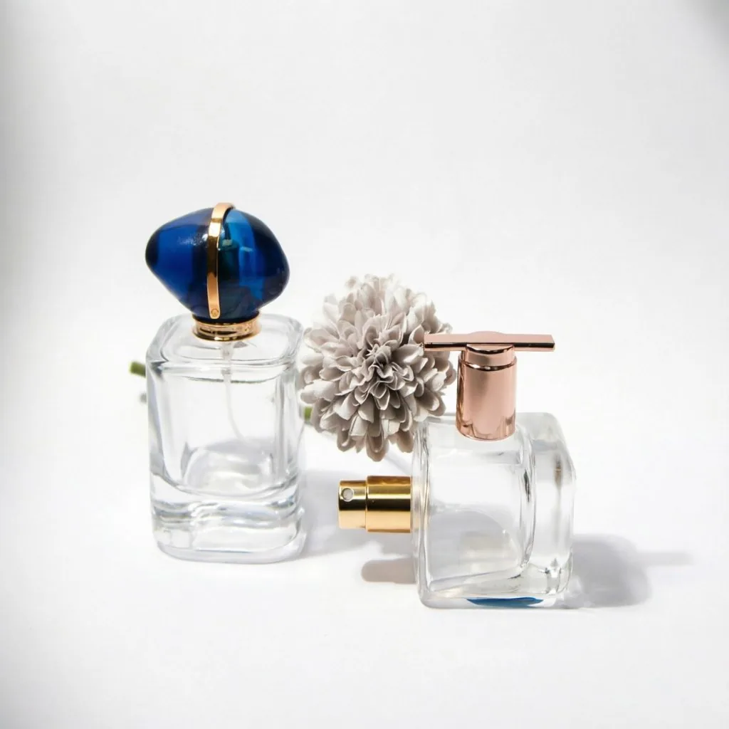 Square klar Glass Parfümflasche mit Blue & Rose Gold Cap 50ml