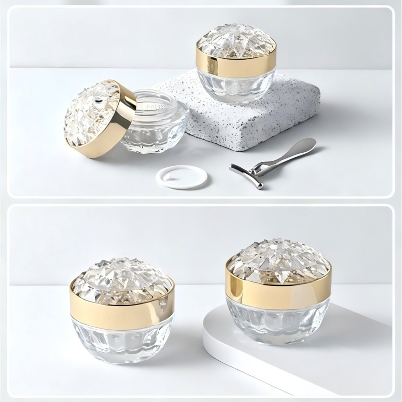 NS-M003 Screen Printing 50 ML Empty Glass Cream Container With Diamond Lid Luxury Jar Cosmetic