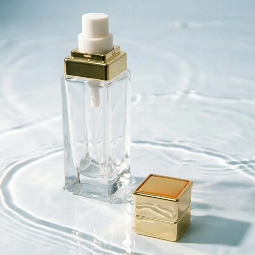 30ml Clear Square Glass Foundation Bottle with Gold Layered Pump Cap