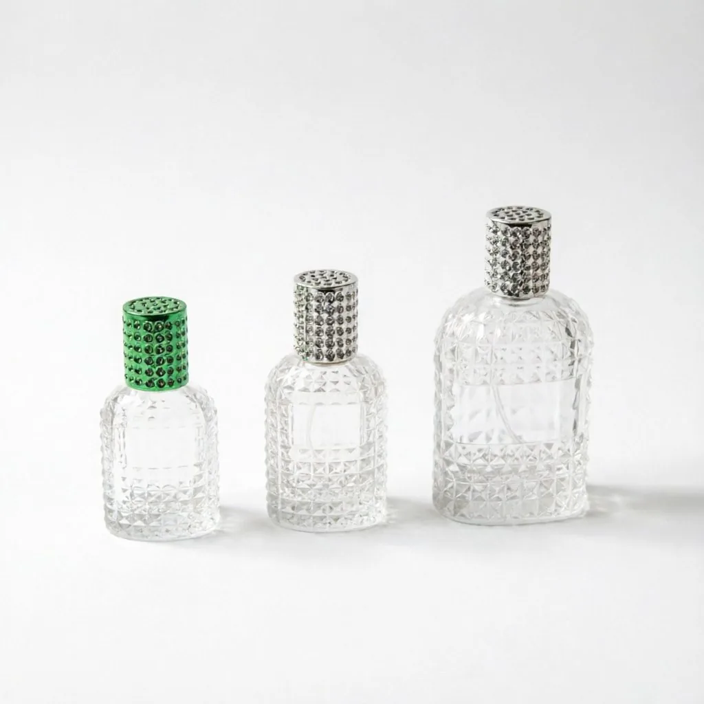 Embossed Glass Perfume Bottle with Diamond Cap 30ml 50ml 100ml