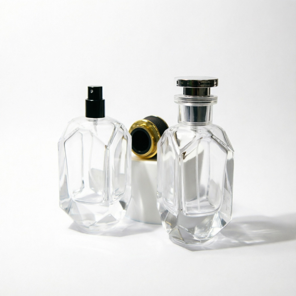 Multi-Faceted Glass Perfume Bottle with Black Gold Cap 50ml 100ml