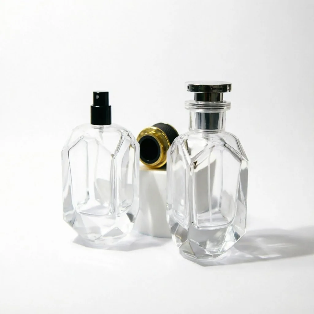 Multi-Faceted Glass Perfume Bottle with Black Gold Cap 50ml 100ml