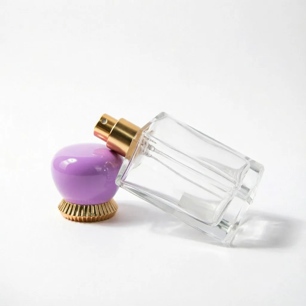 Classic Square Glass Perfume Bottle with Purple Oval Gold Cap 50ml