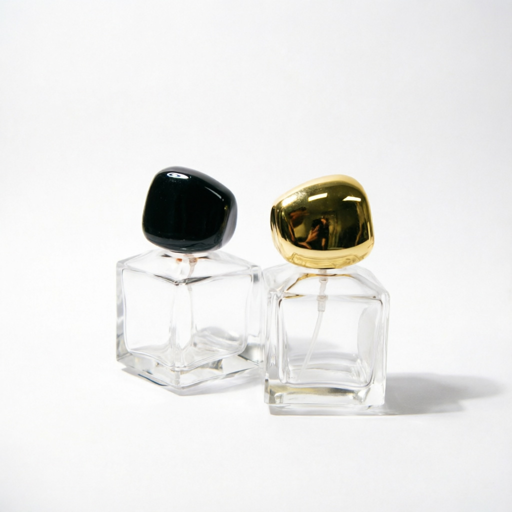 Square Glass parfüm şişesi with Black Gold Pebble Cap 50ml