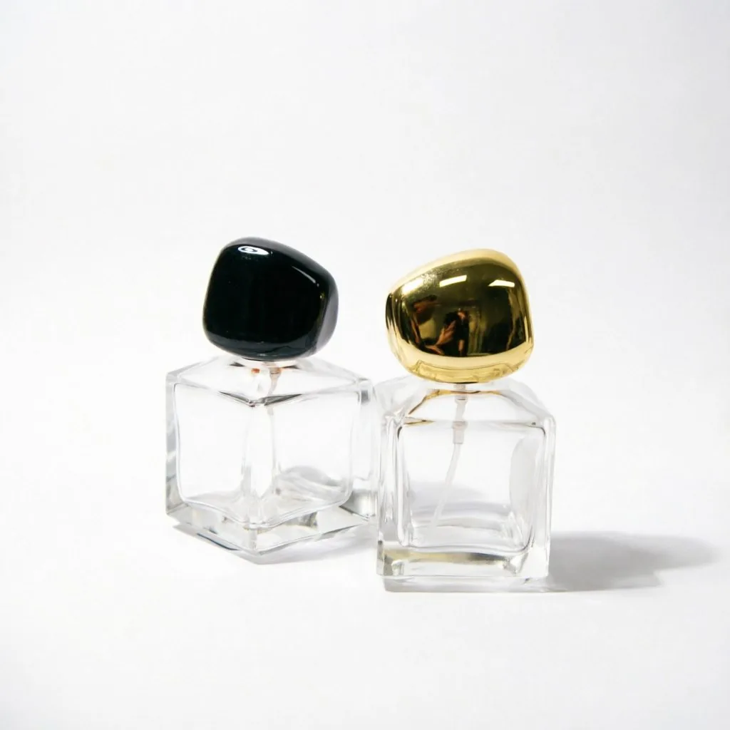 Square Glass Perfume Bottle with Black Gold Pebble Cap 50ml