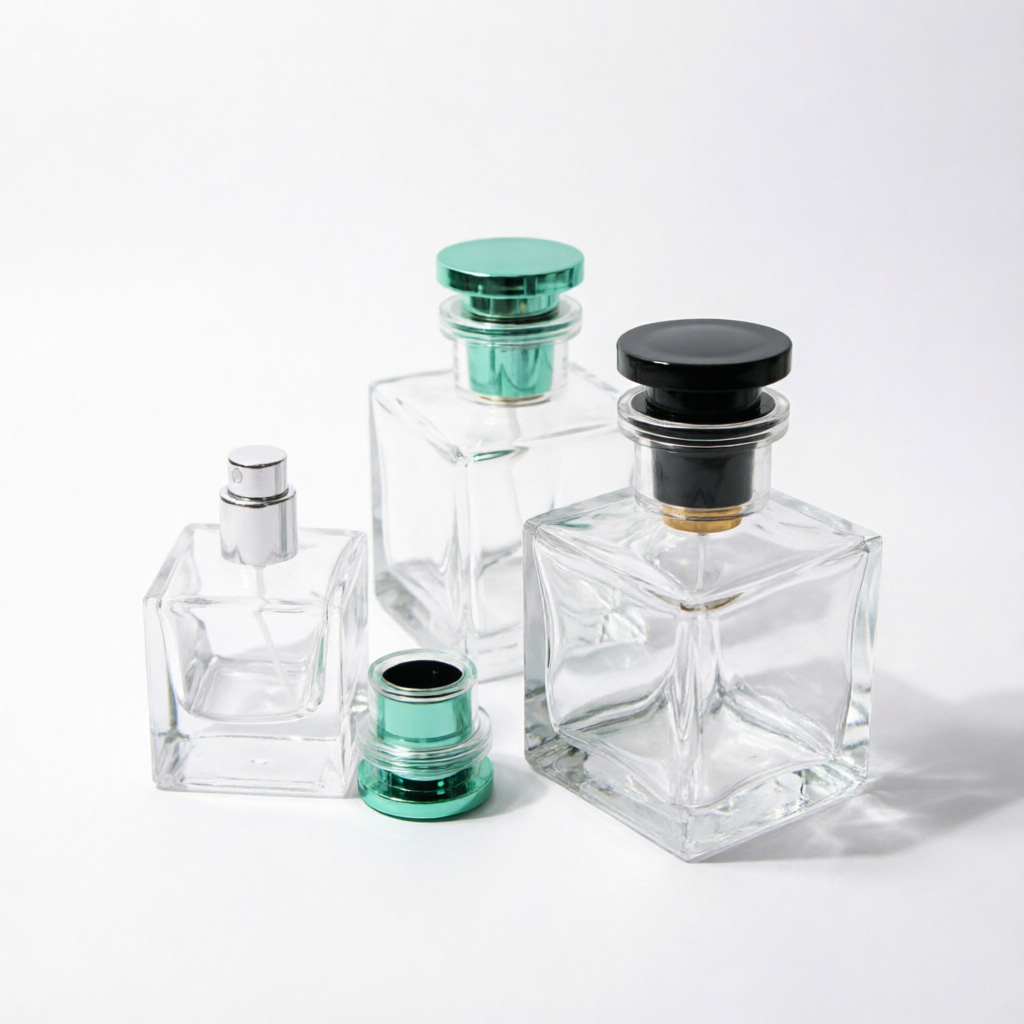 Inset Square Glass Perfume Bottle with Green Metal Cap 100ml