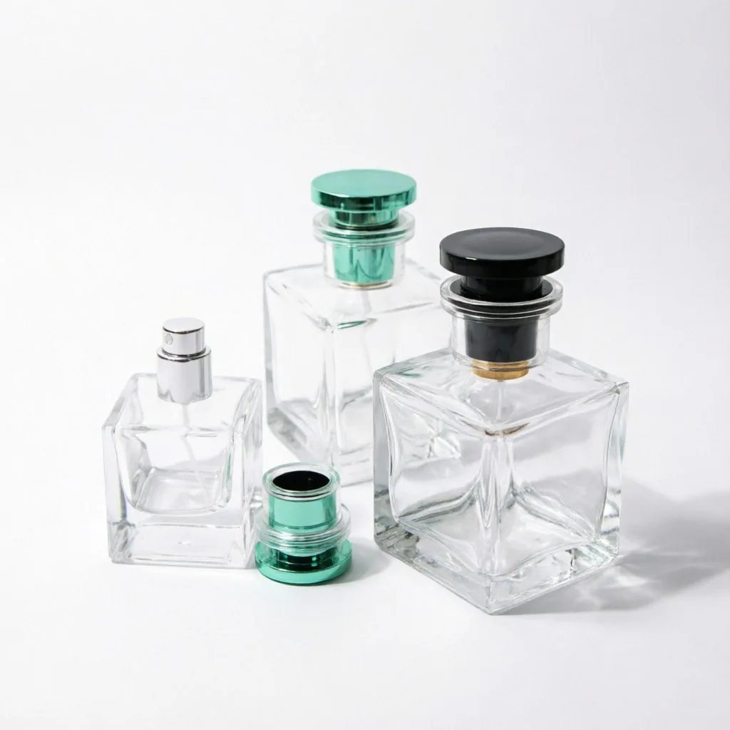 Inset Square Glass Perfume Bottle with Green Metal Cap 100ml