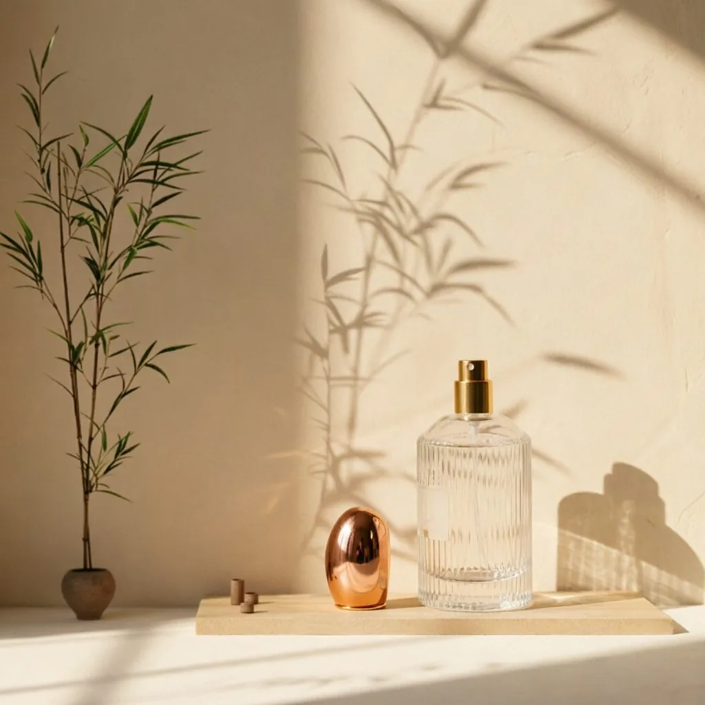 Ribbed Round Glass 향수 병 포함 Gold Spray Pump 100ml