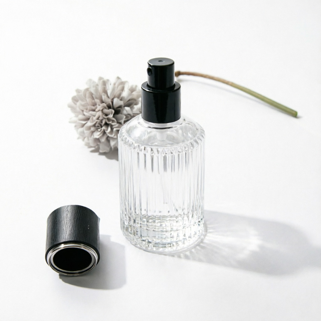 Ribbed Round Glass Perfume Bottle with Black Spray Pump 50ml