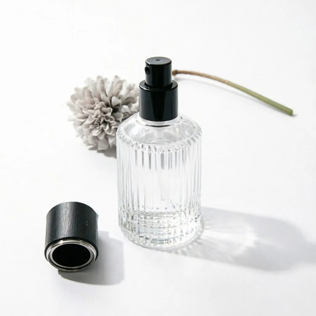 Ribbed Round Glass Perfume Bottle with Black Spray Pump 50ml