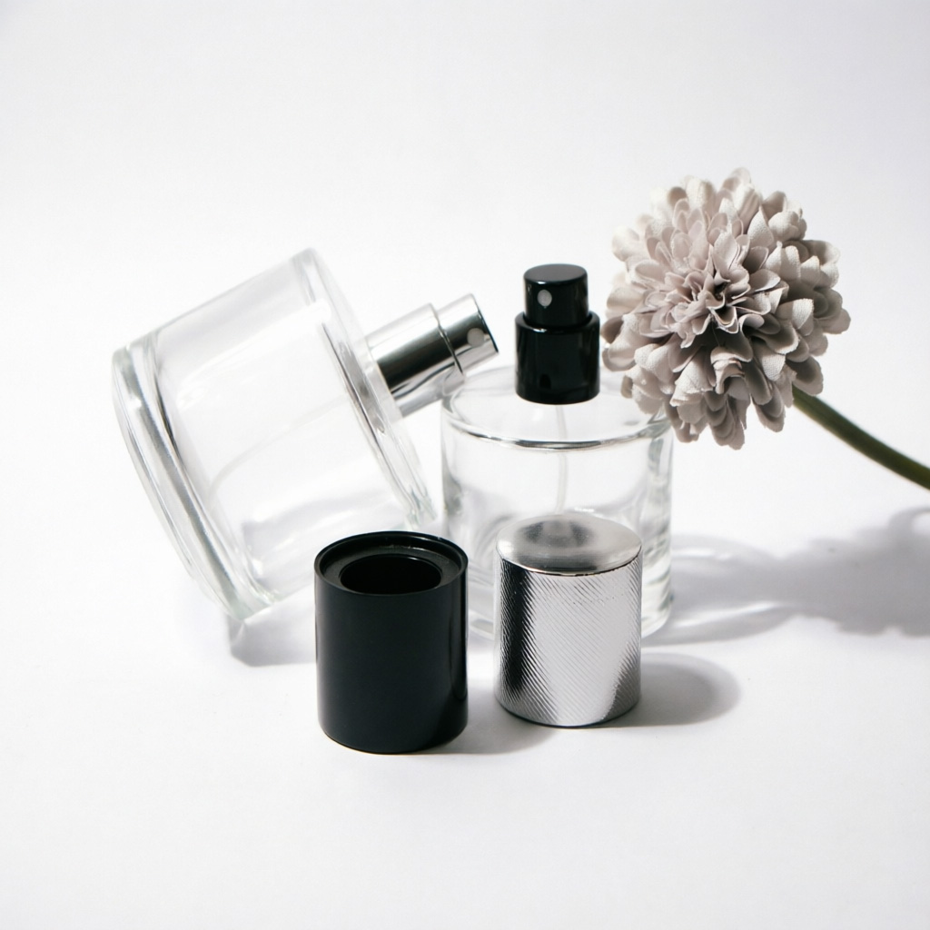 Round Glass Parfümflasche mit Silver or Black Metallkappe 50ml