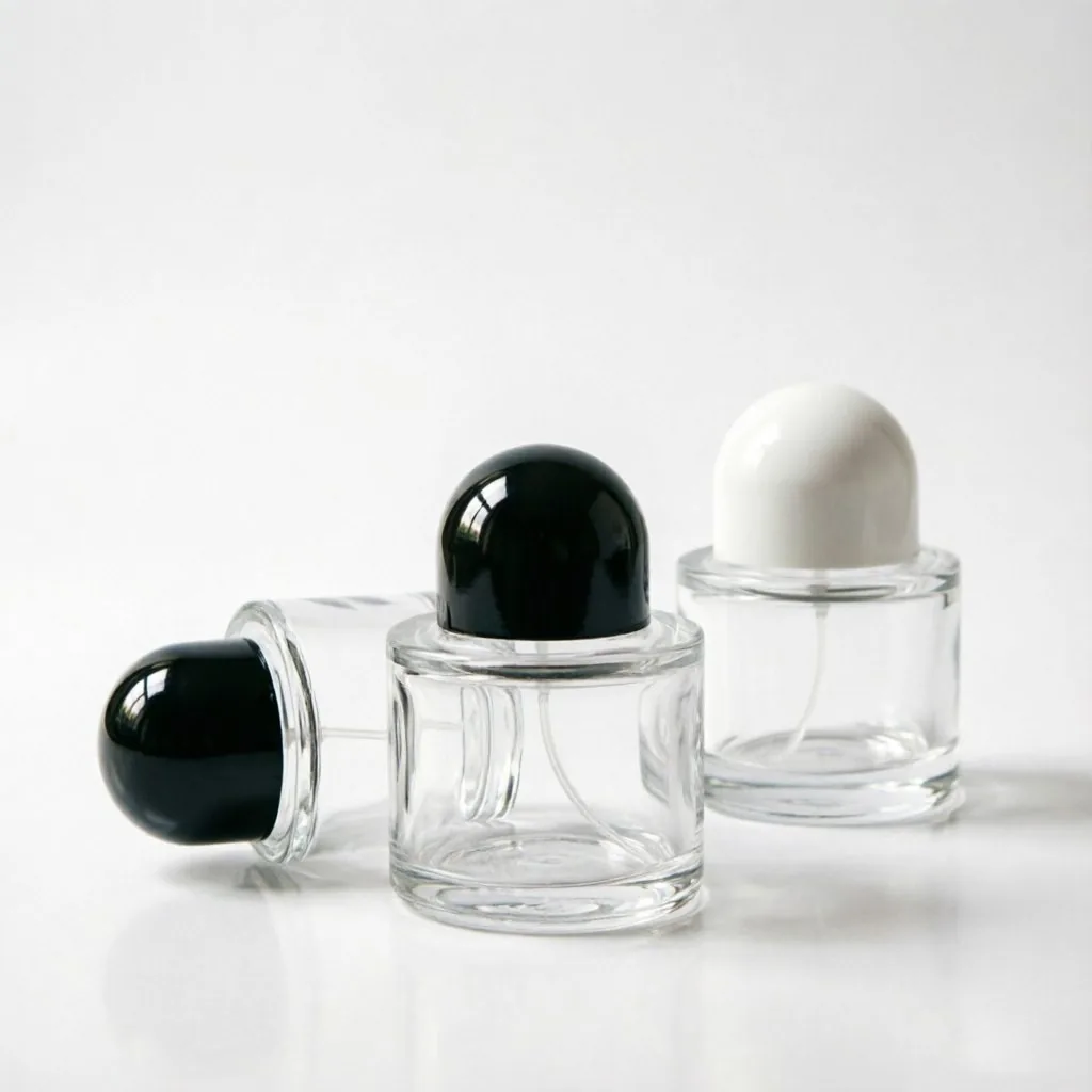 Clear Round Glass Perfume Bottle with Black & White Ball Cap 30ml 50ml