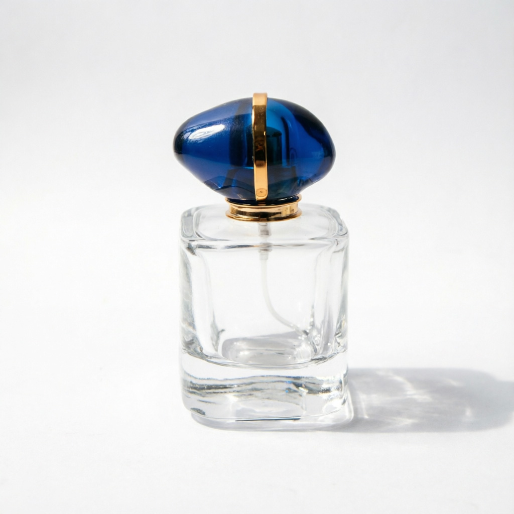 Square Clear Glass Perfume Bottle with Blue & Rose Gold Cap 50ml