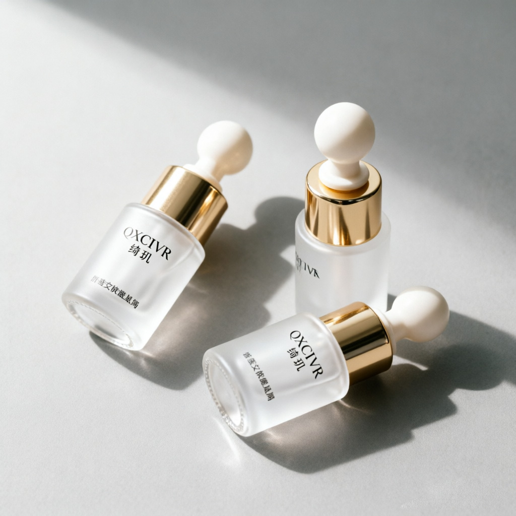 Frosted square glass dropper bottle with gold cap for serum packaging