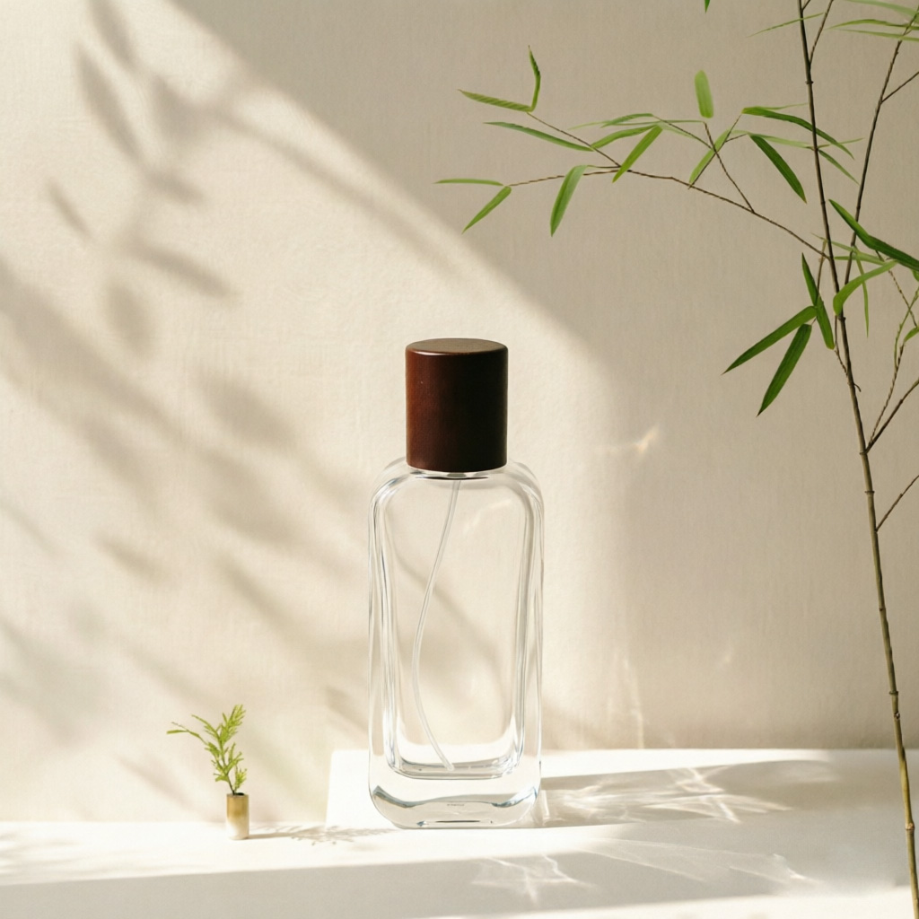 Tall Rectangular Clear Glass Perfume Bottle with Wooden Cap 50ml