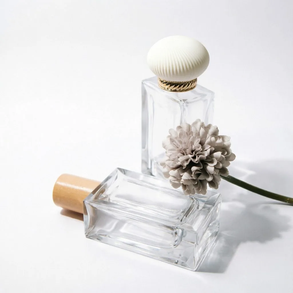 Square Glass Perfume Bottle with Wooden Cap or Shell Cap 50ml